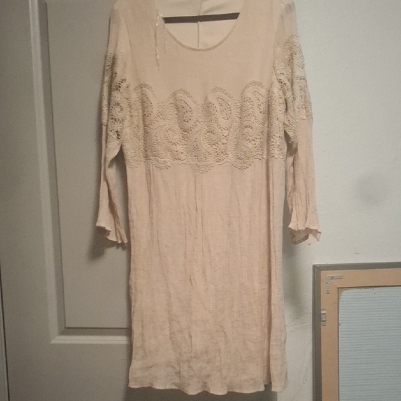 Tan Sheath Dress with 3/4 Sleeves and Scoop Neck - Picture 1 of 5
